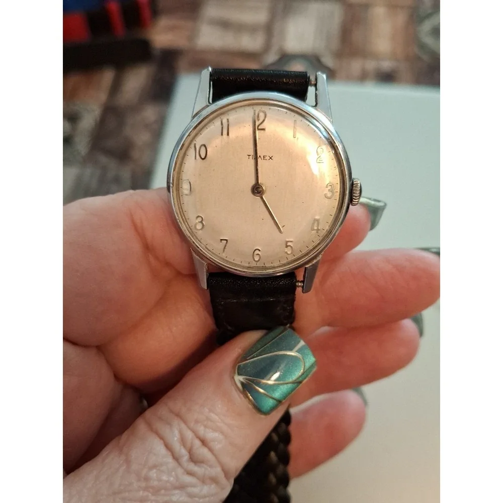 Timex Mens Manual Wind Up Watch. Chrome Plated, New Black Braided Leather Band.